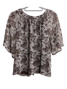 LOFT Brown Ivory Botanical Print Dolman Sleeve Open Back Tie Neck Blouse Size L